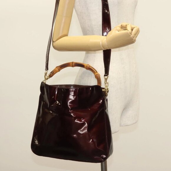 GUCCI Bamboo Hand Bag Enamel 2way Brown Gold 001 1705 1638 Auth th6268 - Picture 1 of 16